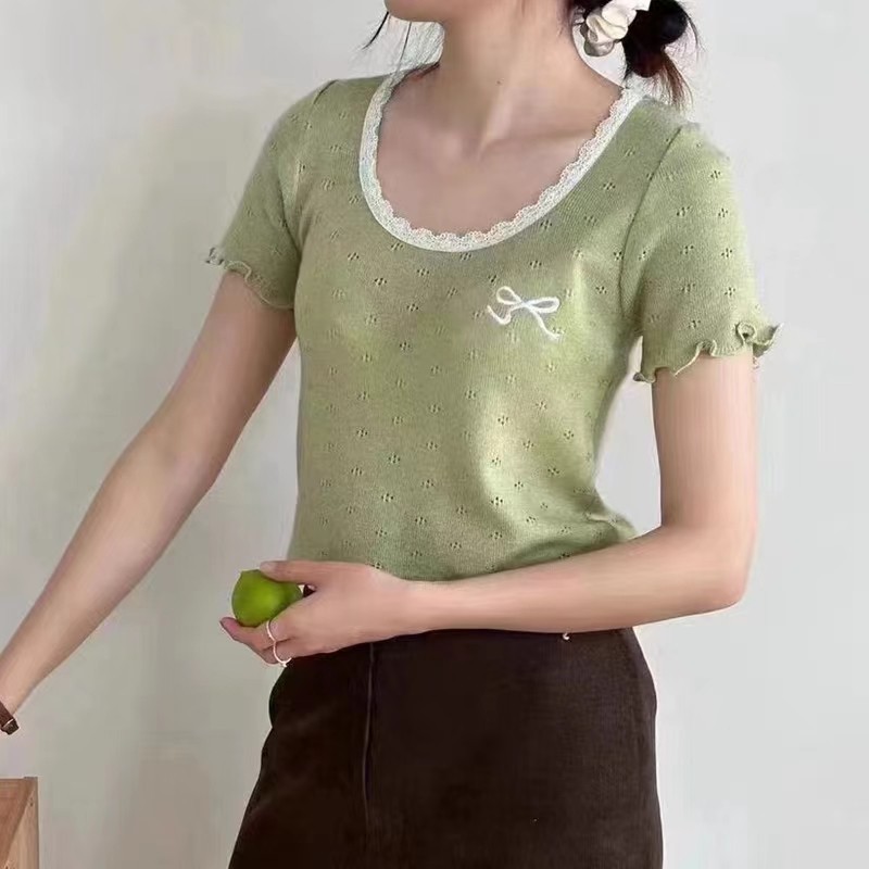 Hollow ลูกไม้รอบคอปักโบว์แขนสั้นเสื้อยืดผู้หญิงฤดูร้อนสไตล์ใหม่ Slim สั้น Casual Top Mink Horse หมาย