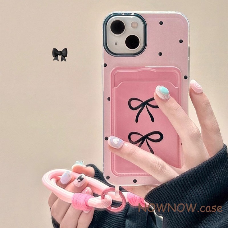 สําหรับ iPhone 15 14 13 12 11 Pro Max X Xr XS Max 7 8 Plus สไตล์เกาหลี Instagram สาวสีชมพู polka dot bow การ์ดกระเป๋าเคสโทรศัพท์สายรัดข้อมือแขวนเชือกนุ่ม