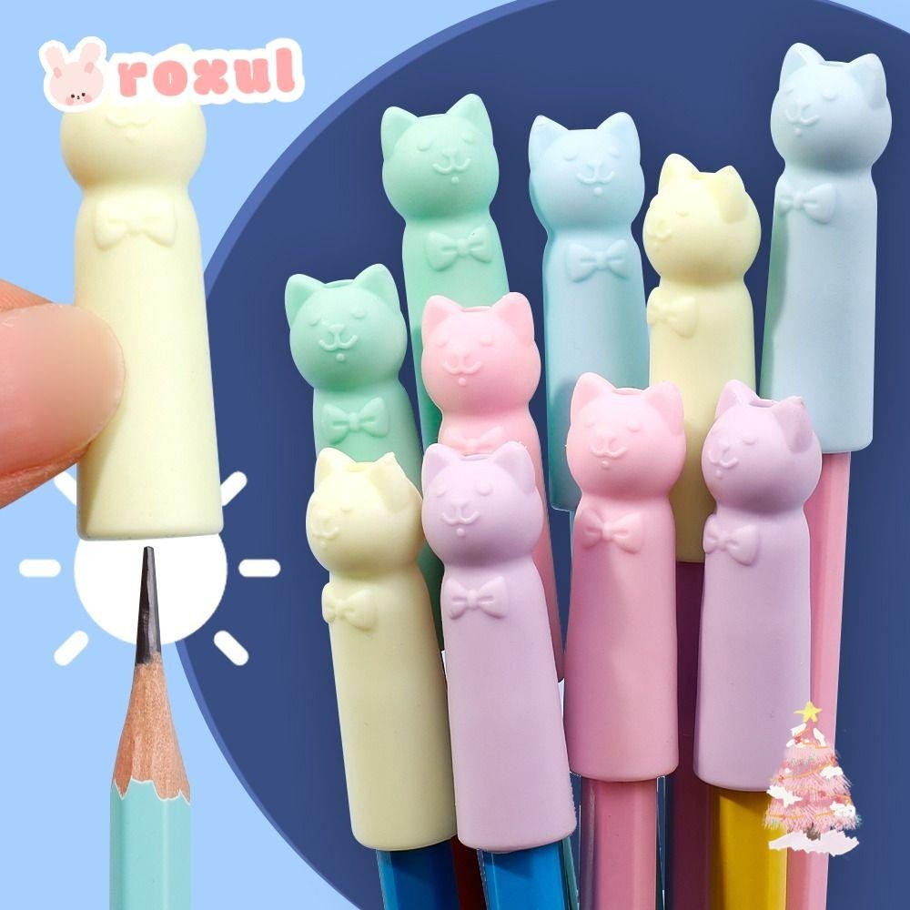 Roxul 10 ชิ้นดินสอ Nib หมวกป้องกัน, รูปแมว 2 ใน 1 ยางลบ, การ์ตูนการแก้ไขเครื่องเขียนปากกา Top Protector นักเรียนของขวัญ