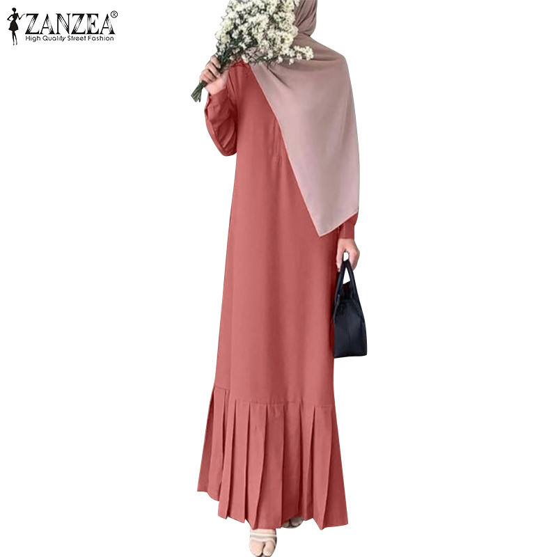 Zanzea ผู้หญิงมุสลิมหลวมสีทึบจีบเต็มแขน Fishtail Hem O-คอชุด