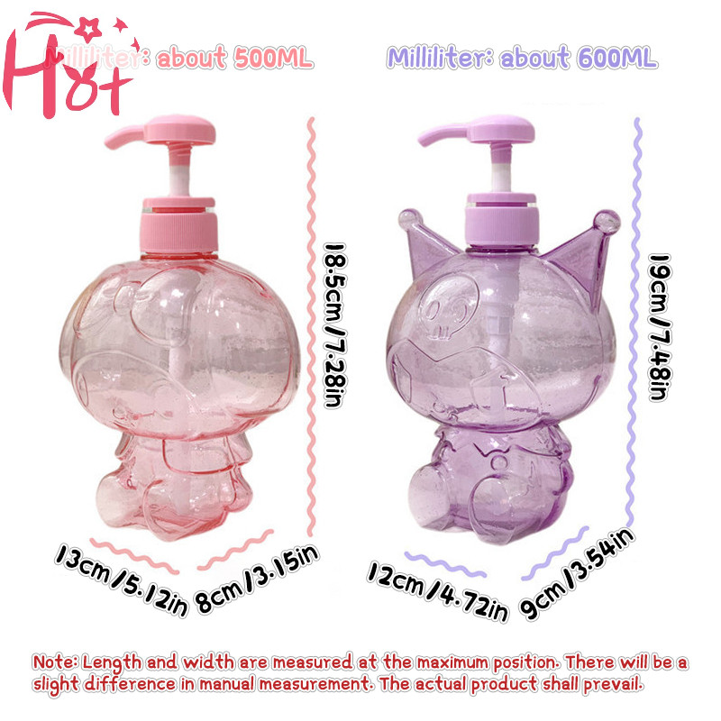 Ge 500ml Hello Kitty โปร่งใส Glitter สบู่ขวดน่ารัก Kuromi Melody แชมพูน้ํานม Sub-ขวดโลชั่นกดขวดสแควร์