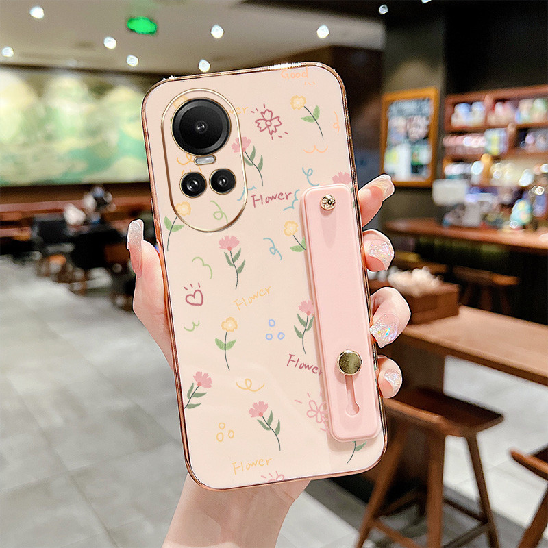 ปลอกสําหรับoppo Reno10 Pro Plus 5G Reno10 Pro + 5Gเต็มหน้าจอดอกไม้สายรัดข้อมือวงเล็บAnti Dropเคสโทรศัพท์