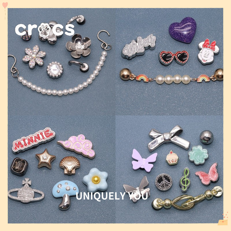 Crocs Jibbitz Metal Minnie หัวเข็มขัดรองเท้า โบว์โลหะ รองเท้าดอกไม้ charm Crocs Pearl chain hole อุปกรณ์เสริมรองเท้า