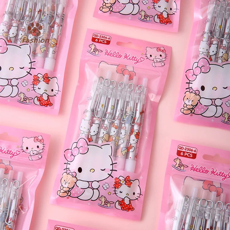 SANRIO [แฟชั่น] 6ชิ้น ซานริโอ สวัสดี คิตตี้ อะนิเมะ0.5มิลลิเมตรเจลปากกาสาวเครื่องเขียนปากกาจํานวนมากกดปากกา น่ารัก สีชมพูนักเรียนซัพพลายเด็กของเล่นของขวัญ {ไทย}