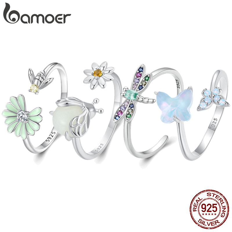 Bamoer แหวนเงินแท้ 925 ดอกไม้น่ารักนกผีเสื้อแฟชั่นผู้หญิงอุปกรณ์เสริมของขวัญวันเกิด SCR323