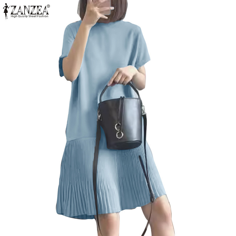 Zanzea ชุดเดรสคอกลมแขนสั้นแฟชั่นสตรีเกาหลี