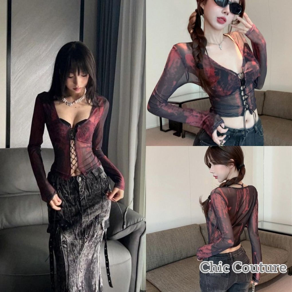เสื้อครอปมัดย้อมผู้หญิงบางvคอcrossด้านหน้าtie-upเสื้อแขนยาวตาข่ายสําหรับฤดูร้อนstreetwear