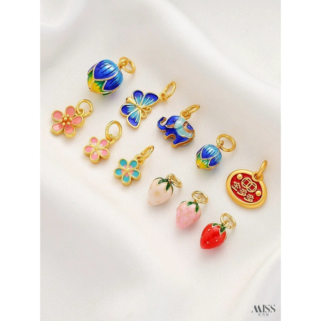 จี้ Strong การเก็บรักษาสี 18K Burnt Blue Cloisonne สตรอเบอร์รี่ผีเสื้อ Lotus ดอกไม้เด็กช้างจี้ diy สร้อยข้อมือสร้อยคอจี้อุปกรณ์เสริม