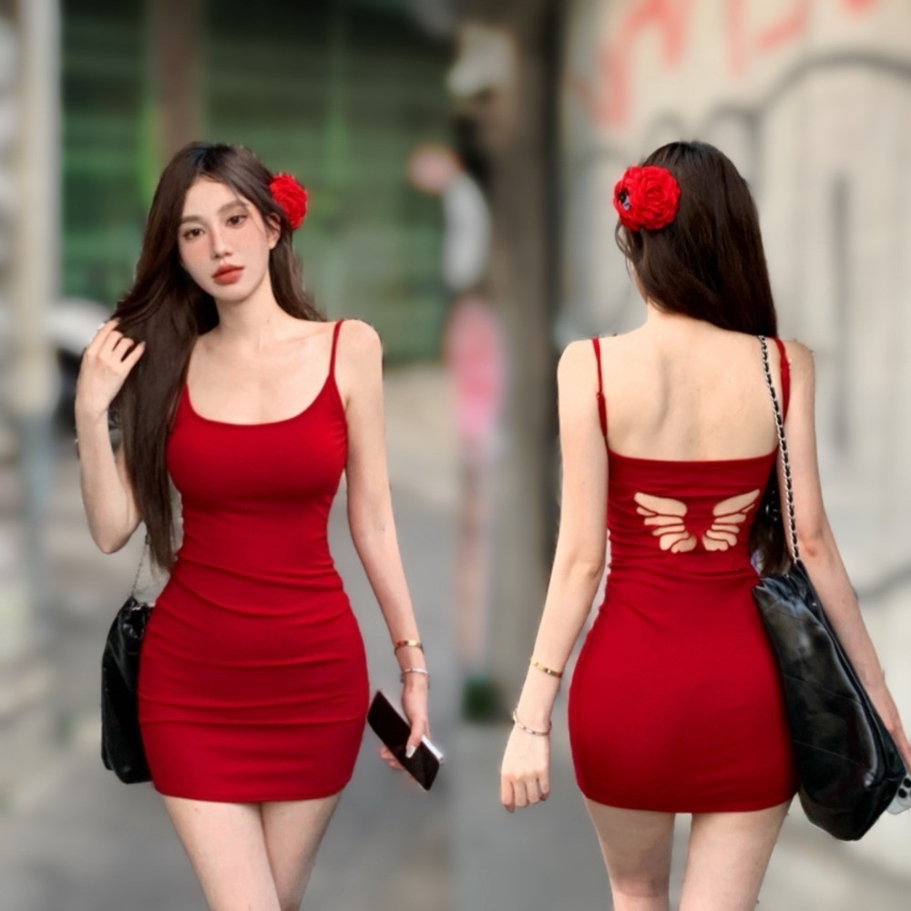 SimpleStore พร้อมที่จะจัดส่งในกรุงเทพ ฤดูร้อนผู้หญิงเซ็กซี่สีแดงกระโปรง Halter กลับผีเสื้อกลวงออก