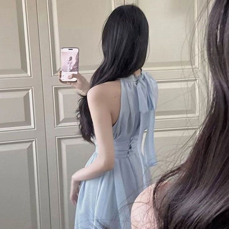 Caila ฝรั่งเศสอ่อนโยนอารมณ์หวาน High-End ชุด Slim-fit แคบเอว Blue Fairy Halterneck ฤดูร้อนสไตล์ใหม่แขนกุดชุดฤดูร้อนชุดยาวชุด Slimmer ดูชุดฤดูร้อน ราคา ถูกที่สุด ดีลบีเคเค แกลเลอรีภาพที่ 2