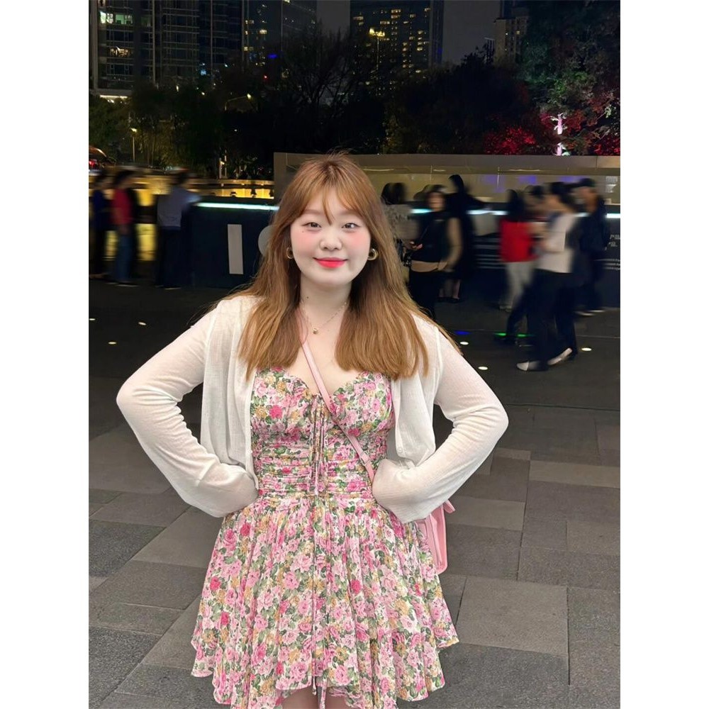 [40-100กก.M-5XL] พลัสขนาดผู้หญิงชุดสลิงหวานผู้หญิงฤดูร้อนอารมณ์Slimmerดูชุดสลิงดอกไม้ครีมกันแดดคาร์ดิแกนชุดสองชิ้นไขมันขนาดใหญ่สาว