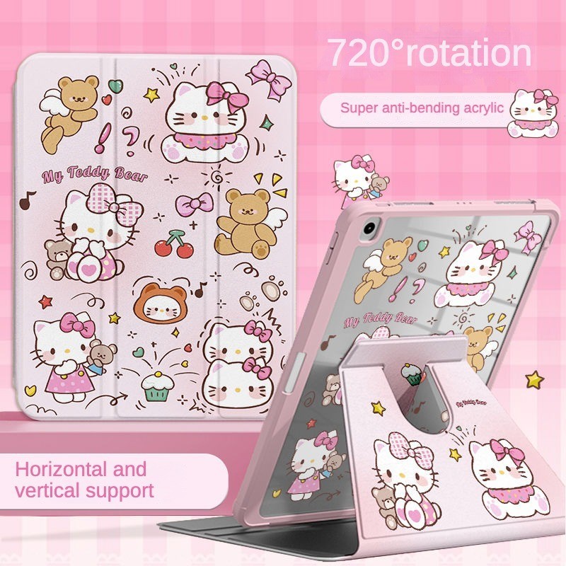 เคสไอแพด 360 ° การหมุน cherry Bear Love Hello Kitty เหมาะสําหรับ อะคริลิค iPad Air6 Gen7/8/9 10.2 Gen5/6 9.7 Air4 Air5 10.9 Pro11 Gen10 Triple พับ iPad Cover