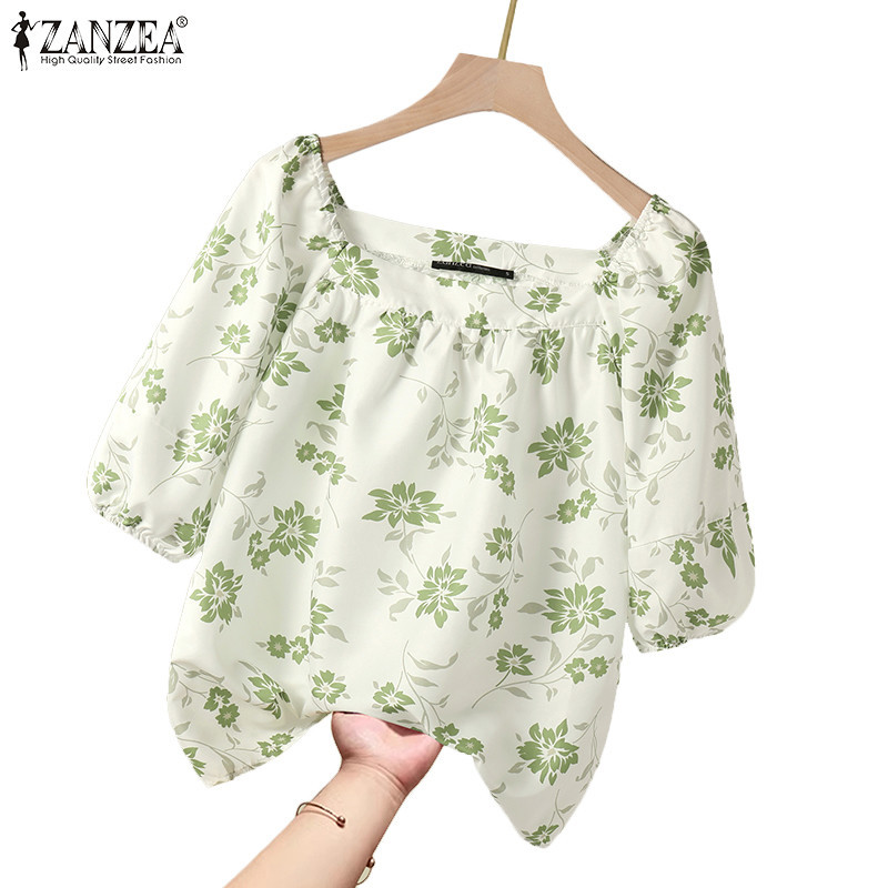 ZANZEA ใส่ ซานเซีย ผู้หญิงเกาหลีทุกวันรีสอร์ทสแควร์คอสบายๆครึ่งแขนพิมพ์เสื้อหลวม