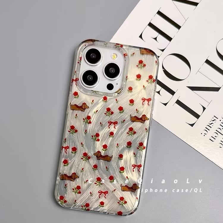 ลูกสุนัขดอกไม้สีแดงเหมาะสําหรับ Samsung s24ultra เคสโทรศัพท์ Feather Gauze s23 + Retro s21fe Niche s20fe การ์ตูน a55a54a53 พรีเมี่ยม a15a25a35a52 สาวกันกระแทก a05s