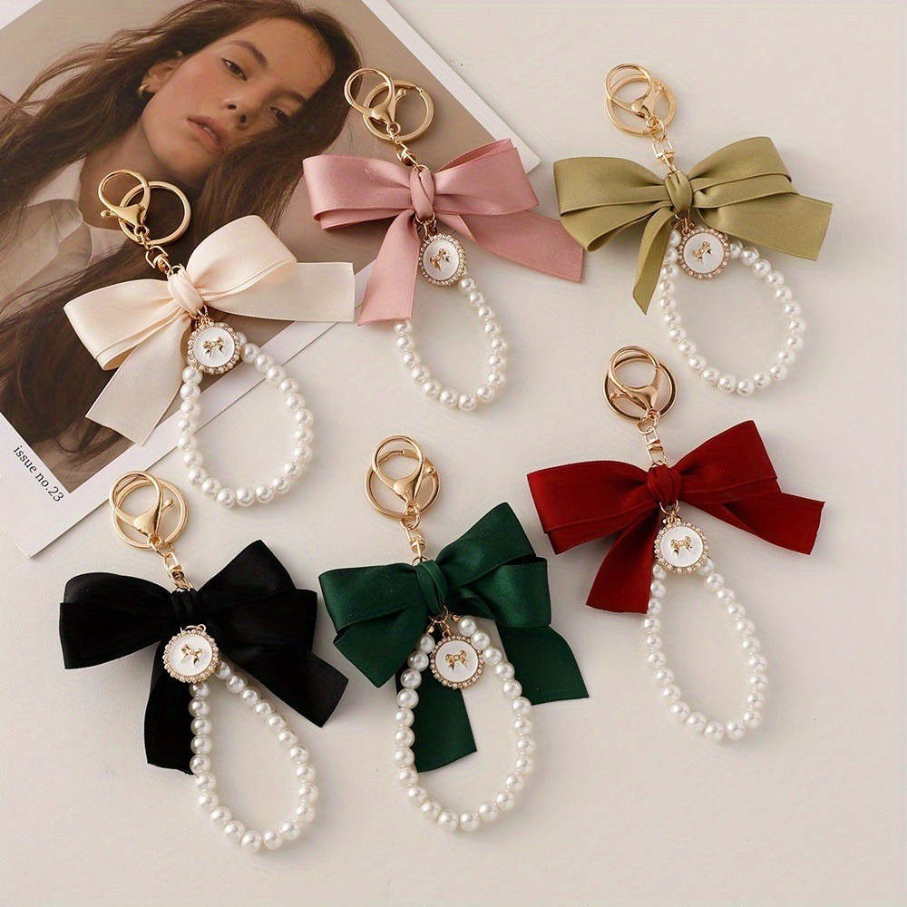 โบว์หวานเลียนแบบ Pearl Chain พวงกุญแจแฟชั่นรอบ Bowknot Keyrings กระเป๋าถือจี้รถ Key Holder อุปกรณ์เสริมของขวัญ