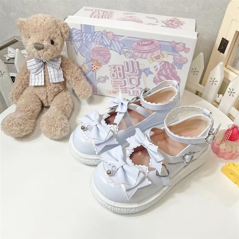 Lolita น่ารักนุ่มสาว Preppy ชุดรองเท้าหนัง Mary Jane Bow Big Toe รองเท้า
