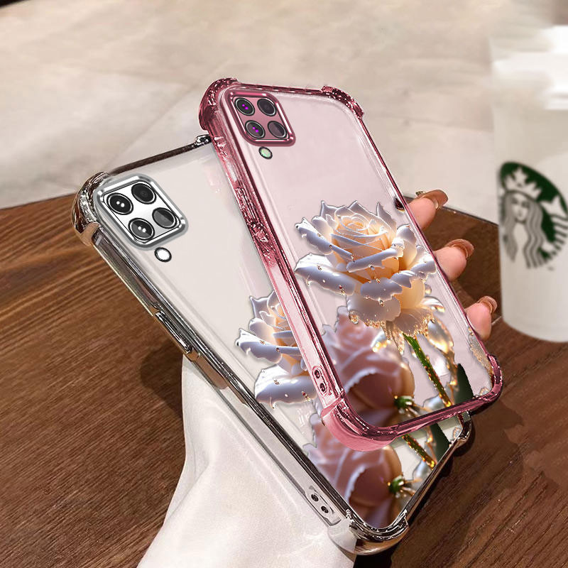 SAMSUNG พร้อมฟิล์มเลนส์เคสสําหรับSamsung A12 a22 4g m12 m22 m32 เคสโทรศัพท์ล่าสุดชุบไฟฟ้าการ์ตูนคริสตัลRoseรูปแบบAnti Dropและกันกระแทกเคสโทรศัพท์นุ่ม