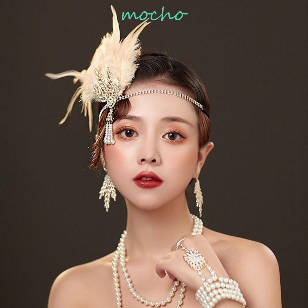 Mocho Feather Headwear สาวผม Hoop หวานประณีตแต่งหน้า Tassels ยาวเพชร Gatsby คอสเพลย์ชุด Headwear คริสตัลแถบคาดศีรษะเลื่อมผม Band
