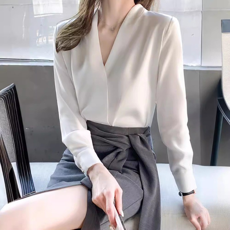 IELGY เสื้อเชิ้ตสีขาวผู้หญิงระดับไฮเอนด์อารมณ์ชีฟองคอวีด้านบน ราคา ถูกที่สุด ดีลบีเคเค แกลเลอรีภาพที่ 2