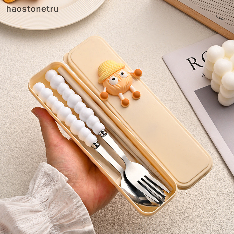 Ost 4 ชิ้นเด็กน่ารักช้อนส้อม Pearl HandleKids สแตนเลสช้อนส้อมแบบพกพานักเรียนการ์ตูนกล่องเก็บบนโต๊ะอาหารชุด N