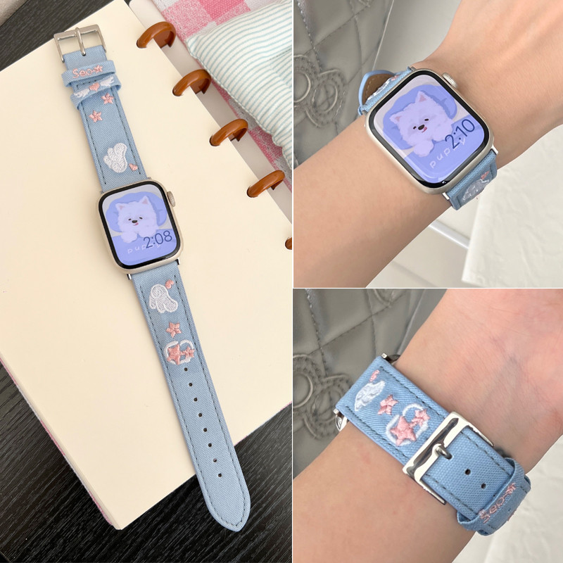 สายนาฬิกายีนลายปักสวยงาม สำหรับ Apple Watch Series 11 10 9 8 7 6 5 4 SE Ultra 2 3 ขนาด 38 40 41 42 44 45 46 49 มม. อุปกรณ์เสริมนาฬิกา
