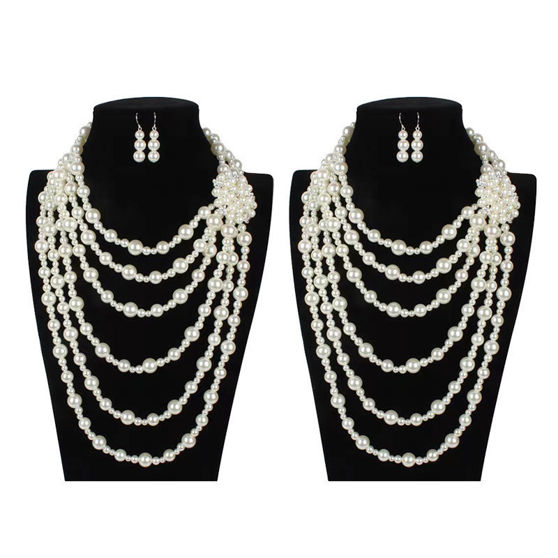 แฟชั่นทุกการแข่งขันหลายชั้นสร้อยคอหญิงสไตล์ใหม่ยุโรปอเมริกันโอ้อวดสร้อยคอมุกต่างหูชุดสองชิ้น