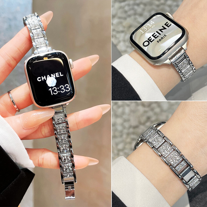 สายโลหะบางเพชรเต็มตัว สำหรับ Apple Watch Series 11 10 9 8 7 6 5 4 3 SE Ultra 2 3 ขนาด 38 40 41 42 44 45 46 49 มม. อุปกรณ์นาฬิกาสำหรับผู้หญิง