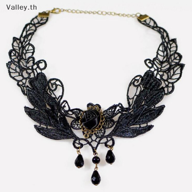 [Valley] ใหม่เซ็กซี่ Gothic Chokers คริสตัลสีดําลูกไม้สร้อยคอ Vintage Victorian Jewelry TH