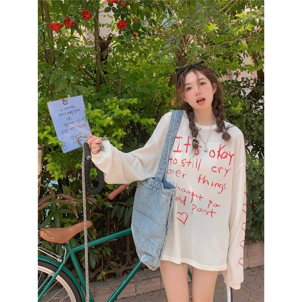 Solovely M-2XL สไตล์เกาหลี เสื้อผ้าฝ้าย หลวม แขนยาว เสื้อกันแดด พิมพ์ลาย โอเวอร์ไซส์ เสื้อยืด