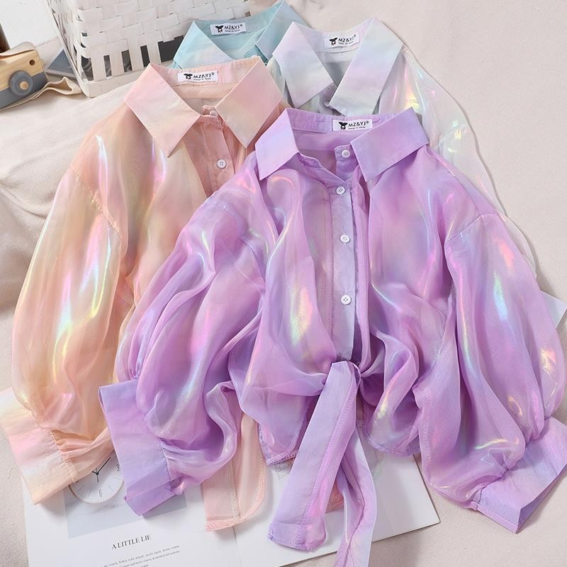 แฟชั่น Rainbow Shiny Age-Reduction สาวหวานครีมกันแดดเสื้อ All-Match Slimmer ดูสดชื่นคาร์ดิแกนชีฟอง