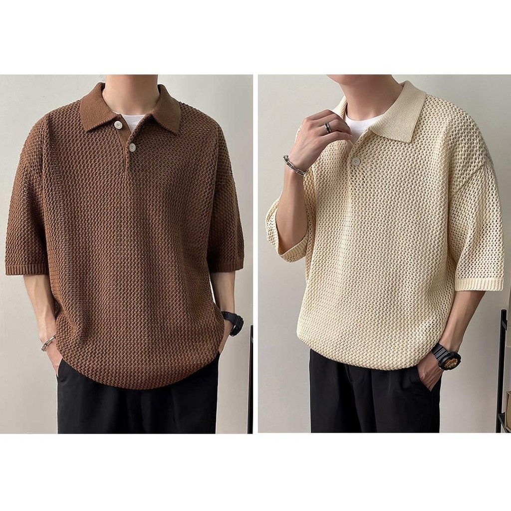 MNO.9 Polo B6018 เสื้อไหมพรมถัก สีพื้น แขนสั้น ทรงไหล่ตก เสื้อผู้ชาย เสื้อถักไพรมคอปก