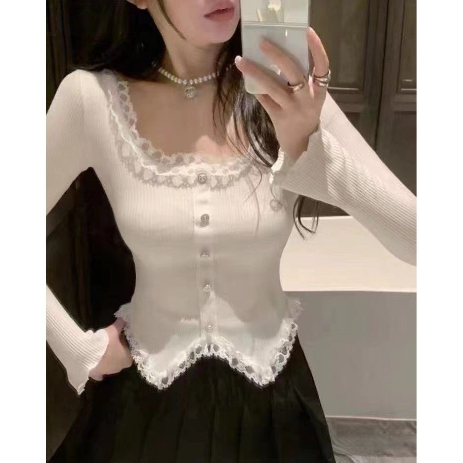 สั้นสแควร์คอเสื้อกันหนาวผู้หญิงฤดูใบไม้ร่วงฤดูหนาวสวมใส่ด้านนอกขี้เกียจแฟนสไตล์สวมใส่ภายในสลิมฟิตถัก จุดต่ําสุด เสื้อด้านบนสวมใส่ถักเข็มของเรา XJVY