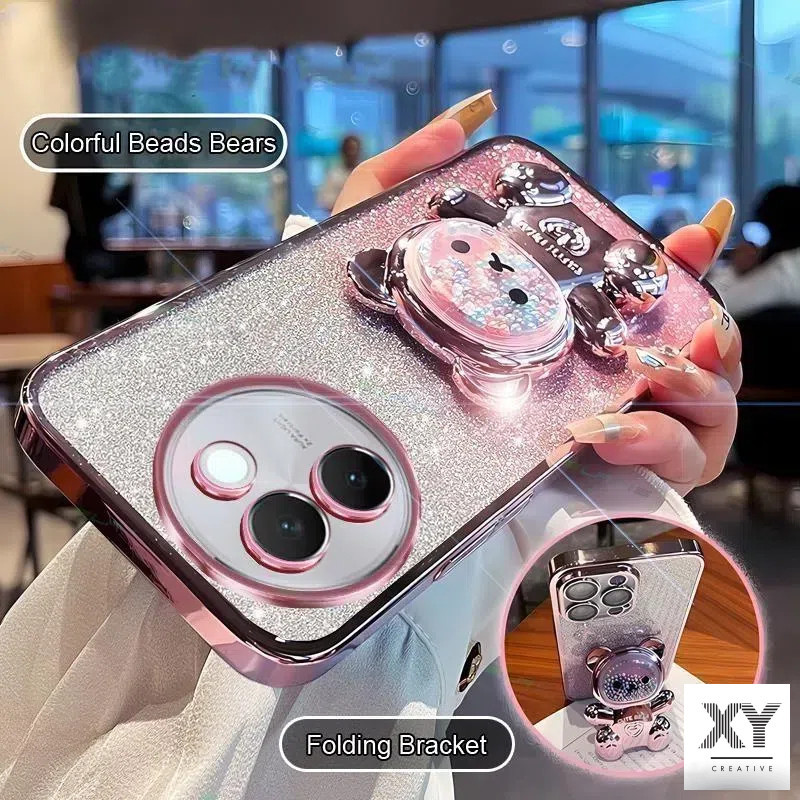 เคสโทรศัพท์ Vivo V30E 5G V30 V30Pro V29 V29E V27 V27E วงเล็บหมุน 360 °เคสโทรศัพท์บรรเทาความเครียดที่มีสีสันลูกปัดหมีขาตั้งพับ เปลือกอ่อน เคส Vivo V30E 5G V30 V30Pro V29 V29E V27 V27E