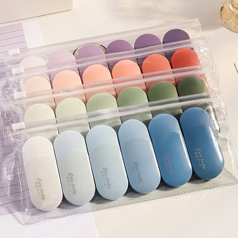6 ชิ้นสไตล์ไล่โทนสีเทปแก้ไขสีพร้อมถุงเก็บโปร่งใสโรงเรียนสํานักงานแบบพกพาสีขาวออกเทปชุด