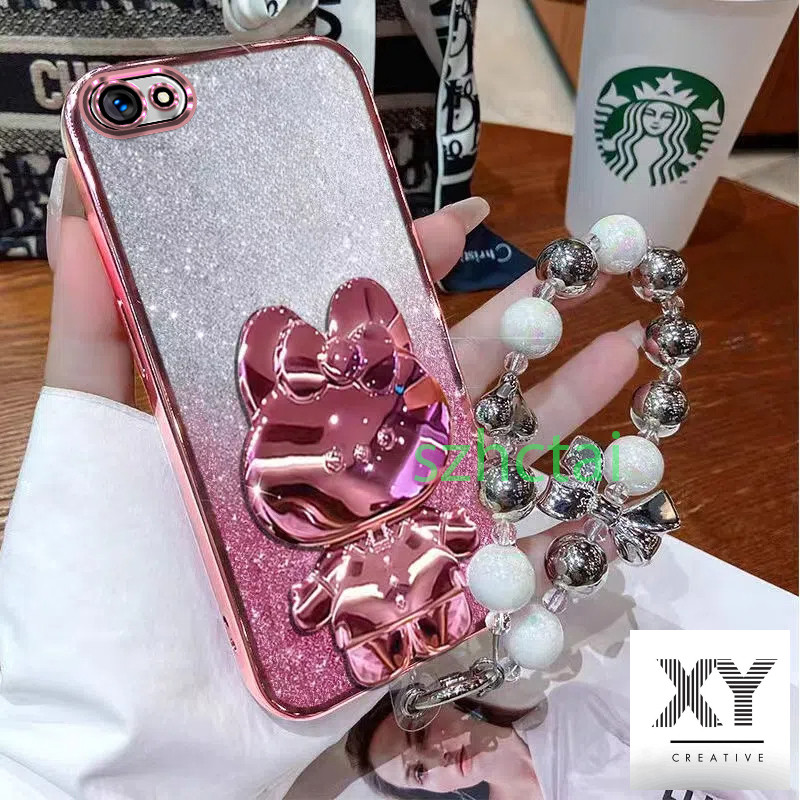 เคสโทรศัพท์ OPPO A3S A12E A1K กระต่ายน่ารักวงเล็บกระจกหรูหรานุ่มกันกระแทกฝาหลังพร้อมสร้อยข้อมือเชือกแขวน เคส OPPO A3S A12E A1K