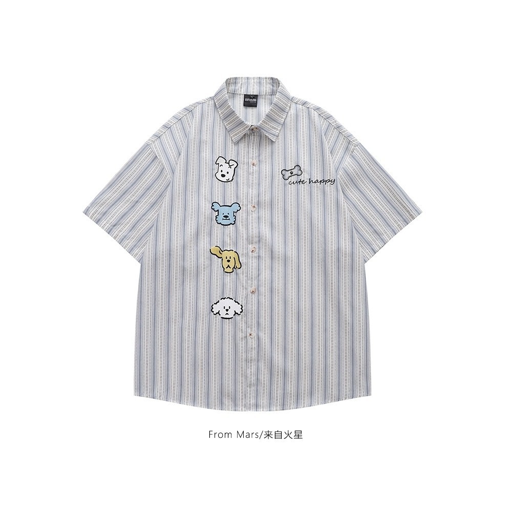ขายร้อน! F & x เสื้อมีเอกลักษณ์เฉพาะตัวจากสุนัขพันธุ์มาร์สแบรนด์แฟชั่นย้อนยุคสีตัดกันลายทางแขนสั้นชายและหญิงเฉพาะกลุ่มหลวมเสื้อเชิ้ตลำลอง
