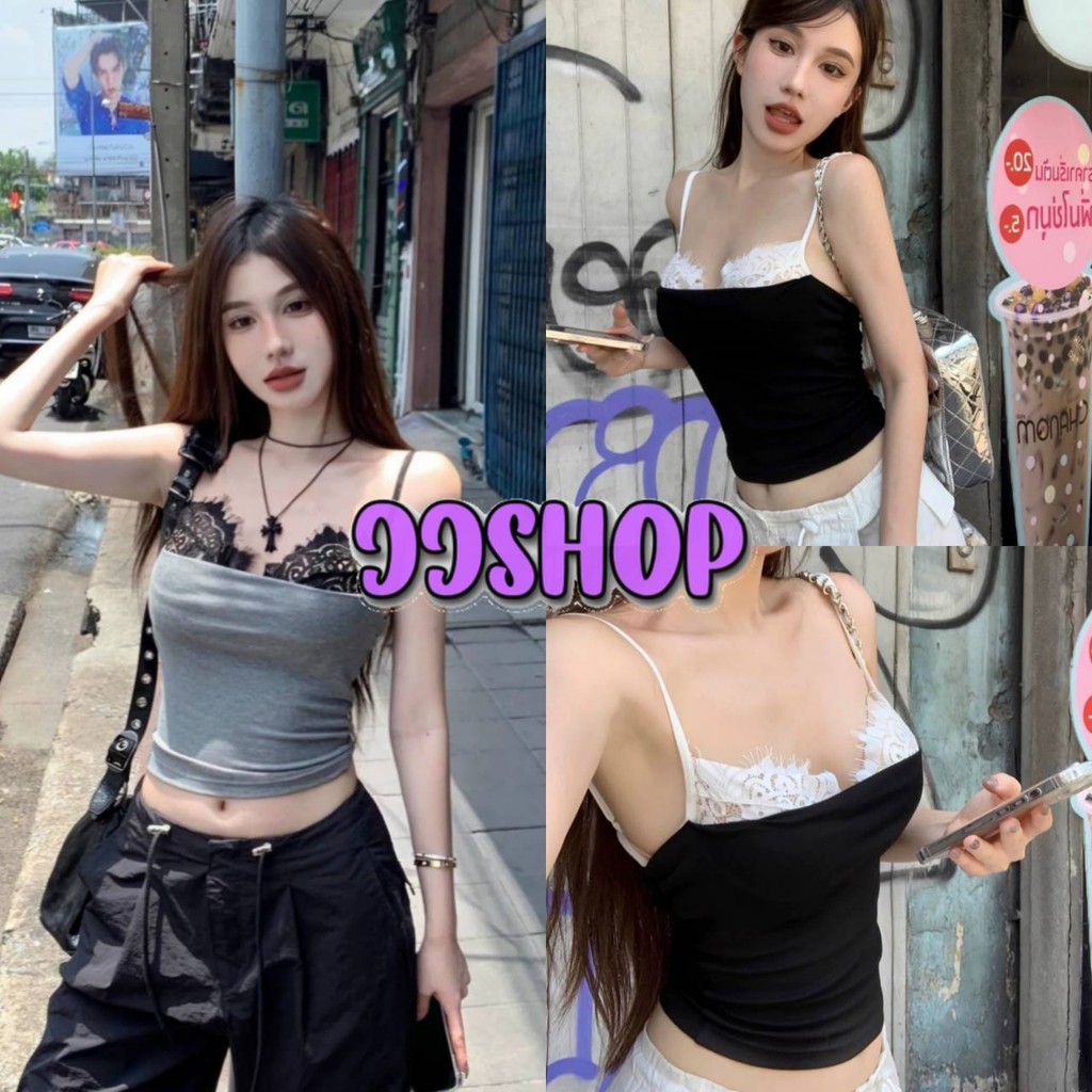 JJ Shop​ ​พร้อมส่ง เสื้อสายเดี่ยวไหมพรม มีฟองน้ำ ใส่ง่าย แต่งลูกไม้ สีทรูโทน "11576"