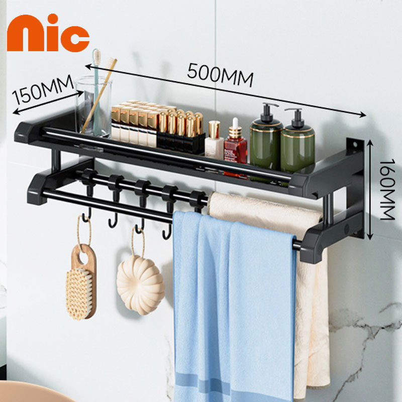 NIC 1/2/3ชั้น 40/50/60ซม ชั้นวางของในห้องน้ำ ราวแขวนผ้า ชั้นวางเครื่องสําอาง ชั้นวางของในห้องน้ำ แบบเจาะ ไม่เจาะ ติดผนัง
