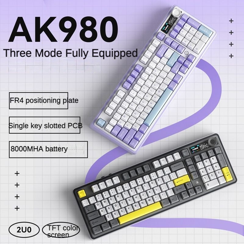Ajazz AK980 คีย์บอร์ดแบบกลไก 2.4g ไร้สายบลูทูธสามโหมด RGB E-sports เกม TFT GIF หน้าจอสีคอมพิวเตอร์สํานักงาน Hot Swap