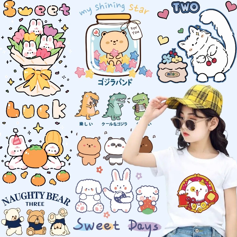 สัตว์การ์ตูนเสื้อยืดพิมพ์สติกเกอร์สัตว์น่ารักความร้อนโอนสติกเกอร์ล้างทําความสะอาดได้สติกเกอร์แฟชั่นตกแต่งผ้าสติกเกอร์