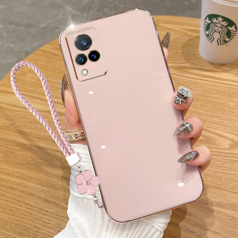ปลอกสําหรับVivo V21 4G 5G V21E 4G V20 2021 Y73 2020 หรูหราElectroplatedตรงขอบซิลิโคนนุ่มโทรศัพท์ป้องกันกรณีดอกไม้เชือกแขวน