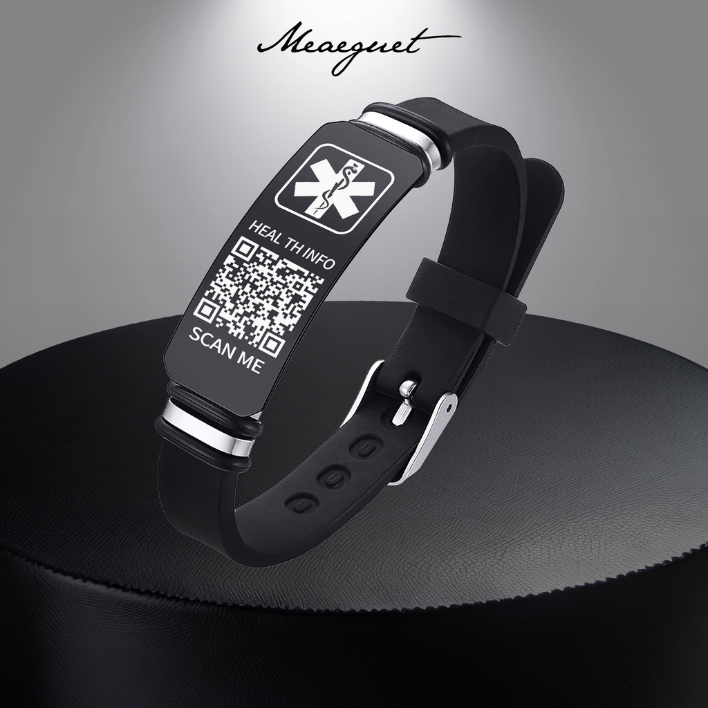 Meaeguet ส่วนบุคคลสร้อยข้อมือทางการแพทย์สําหรับผู้ชายผู้หญิงที่มีรหัส QR,สายรัดข้อมือกันน้ําซิลิโคนปรับสร้อยข้อมือที่กําหนดเอง