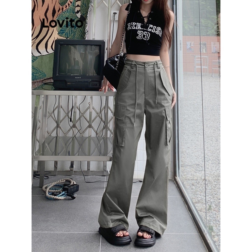 Lovito กางเกงขายาวผู้หญิง มีกระเป๋า เชือกรูด สีพื้น สไตล์ลำลอง LNA27390 (เขียวทหาร)