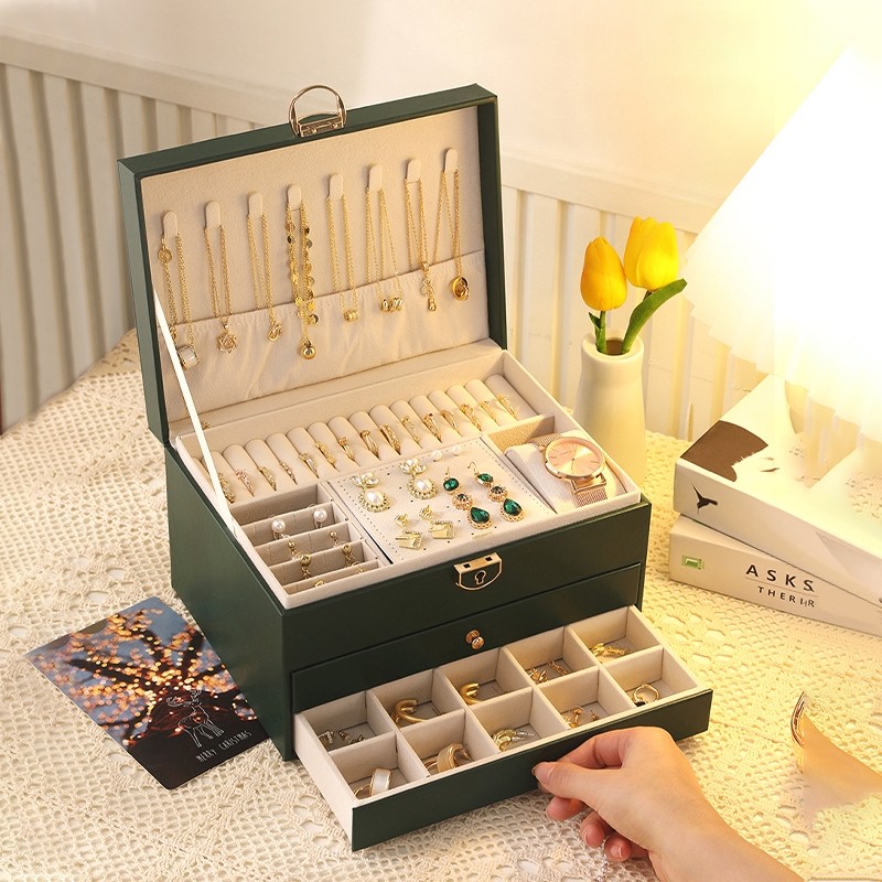 3 ชั้น กล่องเก็บเครื่องประดับ PU พรีเมียม คุณภาพสูง เก็บต่างหู สร้อยคอ แหวน กันฝุ่น แบบลิ้นชัก - รูปที่ 3