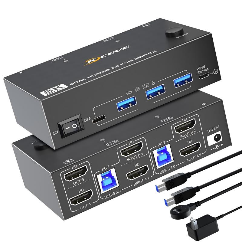 8K HDMI KVM Switch 2จอภาพ2คอมพิวเตอร์8K 4K,USB 3.0 Dual Monitor KVM Switch สำหรับ2คอมพิวเตอร์แชร์2จอ
