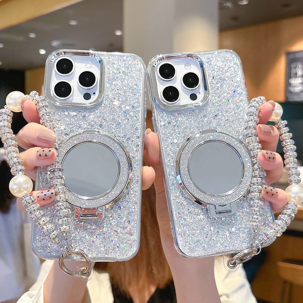 หรูหราglitterกระจกข้อมือสร้อยข้อมือขาตั้งเคสโทรศัพท์สําหรับiphone 15 16 11 12 13 14 Pro MAX 7 8 6 6S Plus X XR XS MAX SEกรณีประกายเชือกเส้นเล็กกันกระแทกสายฝาครอบ