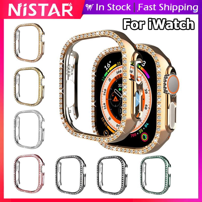 Nistar แหวนเดี่ยวเพชรเปลือกป้องกันสําหรับ Apple watch 49 มม.45/44/42/41 มม.40 มม.38 มม., Hard PC smart watch สําหรับ iWatch series Ultra2 Ultra 9 8 7 6 SE 5 4 3 2 1