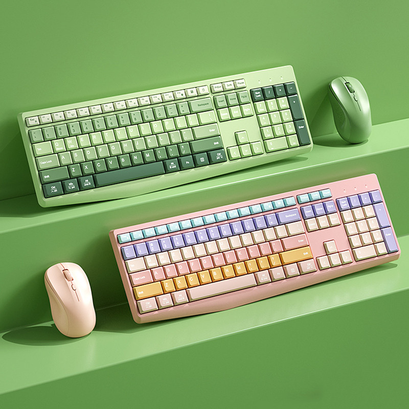 คีย์บอร์ดไร้สาย 2.4G Slient Click Ergonomic Keyboard คีย์บอร์ดและเมาส์ขนาดเต็มชุดสีชมพู/สีเขียวคีย์บอร์ดสําหรับ Windows คอมพิวเตอร์แล็ปท็อป