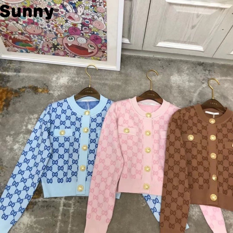 Sunny Ladies Letter Printed Metal Buckle Short Knitted CardiganLXYG2024Autumn and Winter New Sweater Coat