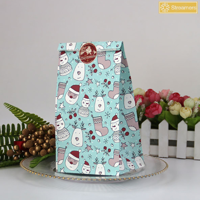 {Streamers} 24/48pcs กระเป๋าของขวัญคริสต์มาสถุงกระดาษคราฟท์ Santa Claus Snowman Xmas Party Candy Bag คุกกี้ Xmas ถุงบรรจุภัณฑ์กระเป๋าห่อใหม่